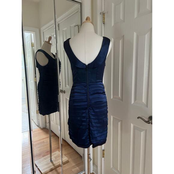 Alice + Olivia Silky Voloshin Aliska Navy Blue Ruched Satin Sheath Dress - Picture 3 of 15